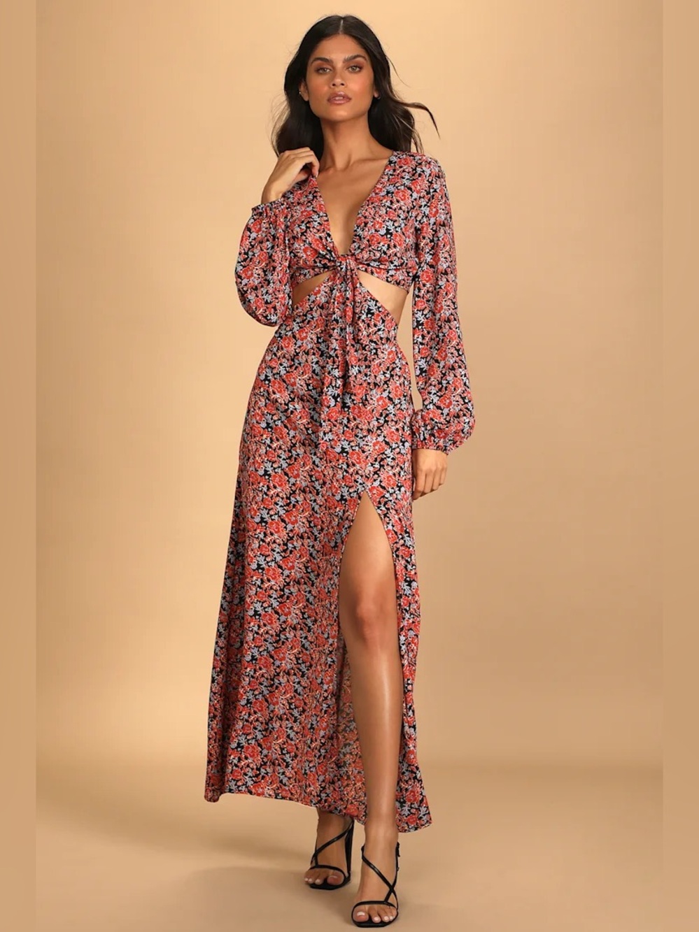 Lulu’s Bloom Ready Black Floral Print Cutout Long Sleeve Maxi Dress